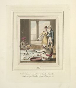En Saumpareeah eller ormfångare som ställer ut ormar inför européer, ca 1824 (färg litho) av English School