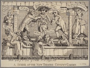A Scene at the New Theatre, Covent Garden: satir som skildrar en politisk utfrågning i Covent Garden, London av English School