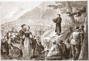 En schweizisk reformator som predikar för sin flock i det öppna fältet, illustration från The History of Protestantism av James Aitken Wylie (1808-1890), pub. 1878 av English School