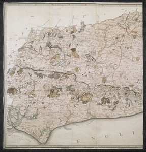 En topografisk karta över grevskapet Sussex, uppdelad i våldtäkter, dekanier och hundratals. Planerad från en faktisk undersökning med en skala från en tum till en lagstadgad mil av English School