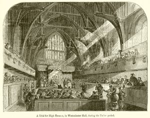 En rättegång för högförräderi, i Westminster Hall, under Tudorperioden av English School