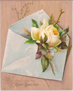 Ett viktorianskt julkort föreställande ett kuvert med en ros som sticker ut från det, ca 1880 av English School