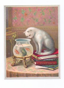 Ett viktorianskt julkort med en katt som sitter på en trave böcker och tittar ner i en guldfiskskål, ca 1880 (färglitografi) av English School