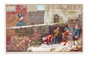 Ett viktorianskt julkort av pojkar som gömmer sig bakom en tegelvägg som kastar en snöboll på en polis, ca 1880 (färg litho) av English School