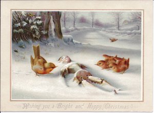 Ett viktorianskt julkort med robbins som tittar på en trädocka i snön, ca 1880 (färglitografi) av English School