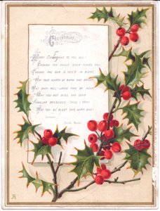 Ett viktorianskt julkort med en stor spray av järnek och en vers, c.1880 av English School