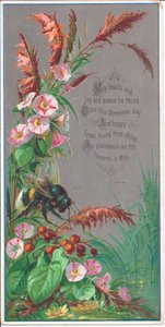 Ett viktorianskt nyårskort av ett bi som svävar över blommor, cirka 1880 av English School
