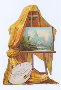 Ett viktorianskt stansat formkort av en målning på en konstnärs staffli med ett draperi på, ca 1880 (färglitografi) av English School