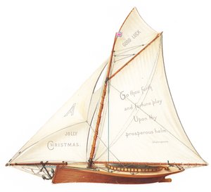 Ett viktorianskt stansat tredimensionellt julkort av en segelbåt, ca 1880 (färglitografi) av English School