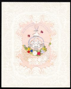 Ett viktorianskt alla hjärtans dag-kort av pappersspets med en fontän med blommor, ca 1870 (färglitografi) av English School