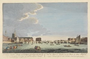 En vy över London Bridge med ruinerna av den tillfälliga bron efter branden den 11 april 1758 (färgad gravyr) av English School