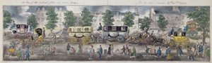 En vy över boulevarderna i Paris med de nya vagnarna, 1828 (färggravyr) av English School