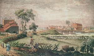 En västlig vy av Chelsea Bridge, 1761 (färggravyr) av English School