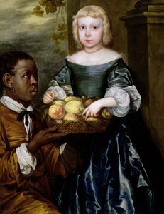 En ung flicka som erbjuds en fruktkorg av en tjänare, c.1650 av English School