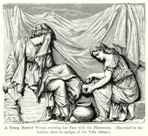 En ung gift kvinna täcker sitt ansikte med Flammeum. (Bas-Relief i Louvren ...) (gravyr) av English School