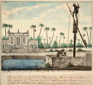 En kolonial trädgård som visar bevattning, ca 1787 (akvarell på papper) av English School