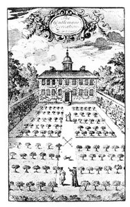 En lantgårdsträdgård, från The Gentlemens Recreation, av John Lawrence, publicerad 1716 av English School