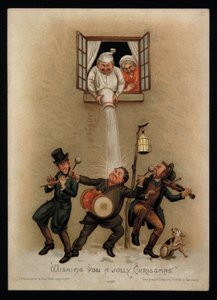 Ett par som protesterar mot carol-sångare utanför deras fönster, julhälsningskort (chromolitho) av English School