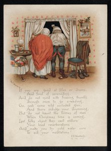 Ett par som protesterar mot carol-sångare utanför deras fönster, julhälsningskort. (chromolitho) av English School