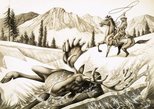 En cowboy i British Columbia lassar en älgtjur. av English School