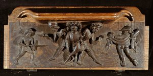 En skadad misericord som föreställer tre män som slåss med dolkar och svärd, New College Chapel, Oxford, sent 1300-tal (trä)