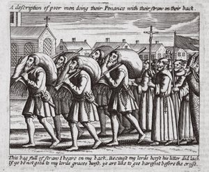En beskrivning av fattiga män som gör sin bot med sitt sugrör på ryggen, illustration från Acts and Monuments av John Foxe, nionde upplagan, pub. 1684 av English School