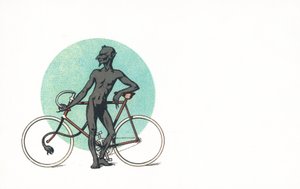 En djävulsk figur som står bredvid en cykel av English School