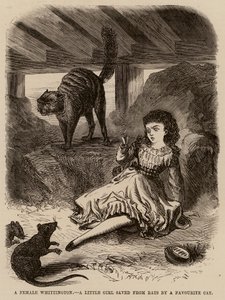 En kvinnlig Whittington, en liten flicka som räddas från råttor av en favoritkatt (gravyr) av English School