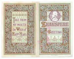 Ett viktorianskt gratulationskort på fram- och baksidan av en bild av William Shakespeare, ca 1880 (lito i färg) av English School