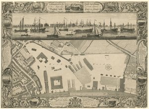 En geometrisk plan och nordöstlig höjd av His Majestys Dock Yard vid Deptford med en del av staden