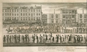 En geometrisk vy av den storslagna processionen av Scald Miserable Masons, Somerset House, London av English School