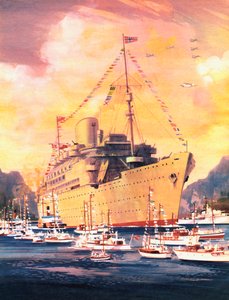 Ett stort ögonblick i Royal Mail Lines historia, Anderna anländer till Oslo 1945 (färg litho) av English School
