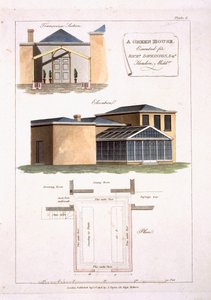 Ett växthus med gotiska detaljer fäst vid ett hus i nyklassisk stil för Richard Dickinson Esq i Hendon, Middlesex, 1806 av English School