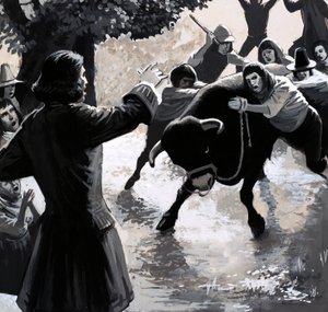 En grupp störande försökte störa John Wesleys predikan genom att köra en tjur in i folkmassan av English School