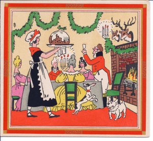 Ett handfärgat franskt Pochoir julkort av en piga som serverar en julpudding, cirka 1920 av English School