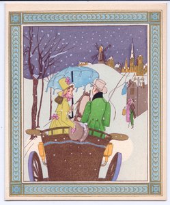 Ett handfärgat franskt Pochoir julkort av ett par Rencecy i en öppen vagn som åker genom snön, cirka 1920 av English School