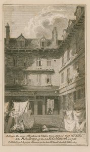 Ett hus i hörnet av Breakneck Stairs, Green Harbour Court, Old Bailey, London av English School