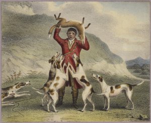 En jägare som lyfter en räv ovanför hans huvud