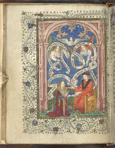 En knästående elev, kanske representerande författaren, Norton, som tar emot en bok från sin mästare, med änglar, skrivna rullar och en duva ovanför. Ordinal of Alchemy. Thomas Norton 4:e kvartalet av 1400-talet av English School