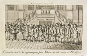En rad kedjade fångar från Newgate Prison, Old Bailey, fördes till Blackfriars för transport, ca 1760 av English School