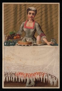 En piga eller tjänstgörande flicka som lägger ett bord med mat, gratulationskort. (chromolitho) av English School