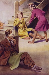 En man bunden, munkavle och sitter på golvet medan två flickor tittar på (färg litho) av English School