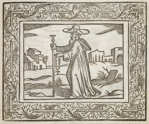 En man som håller en stav och ett krucifix, illustration från "Minerva Britanna..." av Henry Peacham den yngre av English School