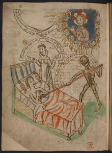 En man på sin dödsbädd, från A Carthusian miscellany of poems, chronicles, and treatises in Northern English, including an epitome or summary of Mandeville