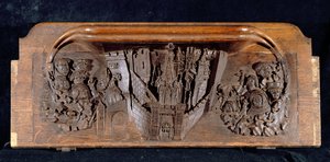 En misericord som visar en muromgärdad stad med en port med en upphöjd portcullis, New College Chapel, Oxford, sent 1300-tal (trä)