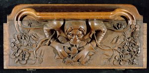 En misericord som visar en ogre med enorma axlar, New College Chapel, Oxford, sent 1300-tal (trä)