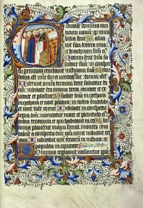 En sida från en psaltare på latin, med en historisk initial föreställande en grupp munkar som står framför en talarstol och skanderar, ca 1455 av English School