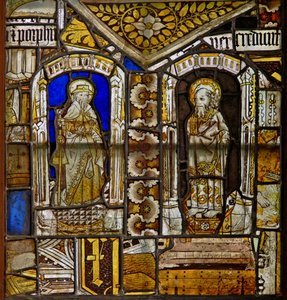 En panel i det östra fönstret som visar St James med St Paul med Gromwell-gräset ovanför av English School