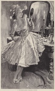 En pantomimdrottning som lägger sista handen på sin make-up (litho) av English School