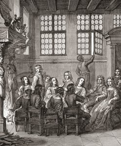 En fest på Duke of Newcastles House, frontispice till Natures Pictures av Margaret, Duchess of Newcastle, 1656, från A Short History of the English People av J. R. Green, publicerad 1893 av English School